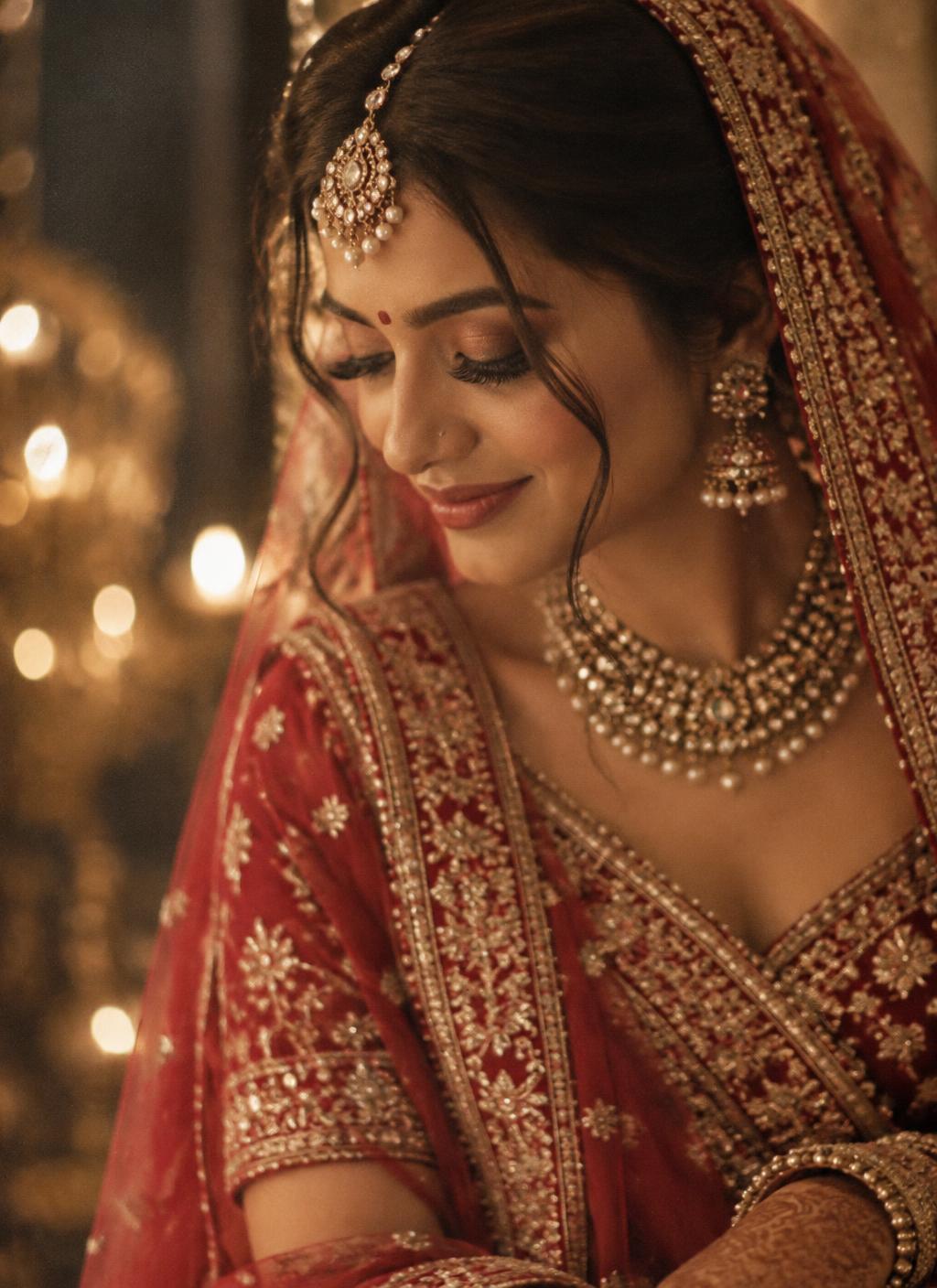 Bride in red and gold lehenga in soft candlelight