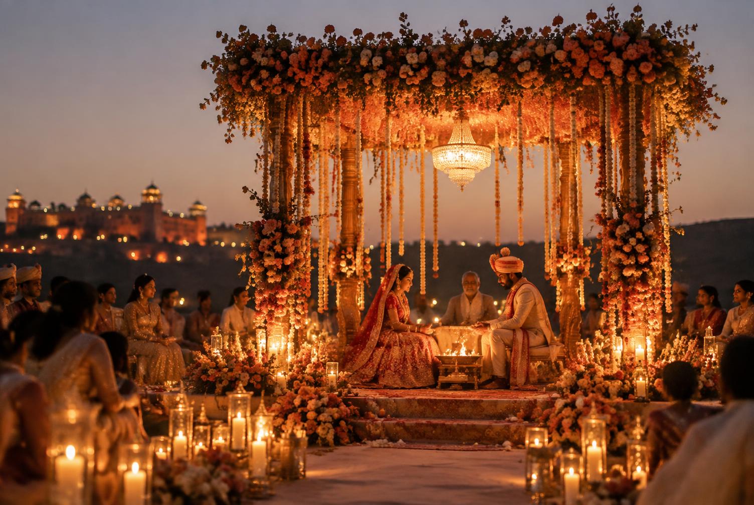 Floral mandap ceremony at dusk lit by candles