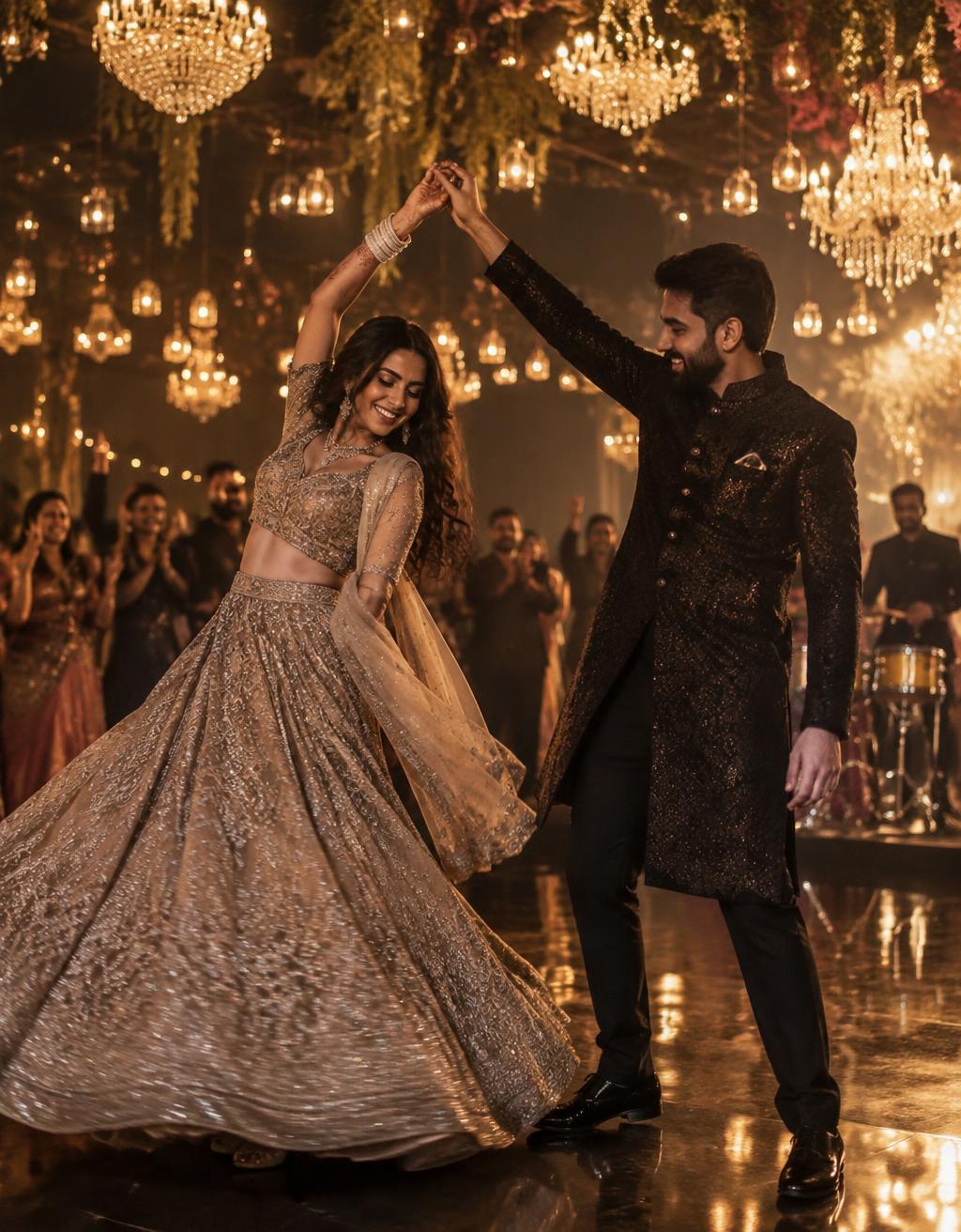 Couple dancing under chandeliers at the sangeet