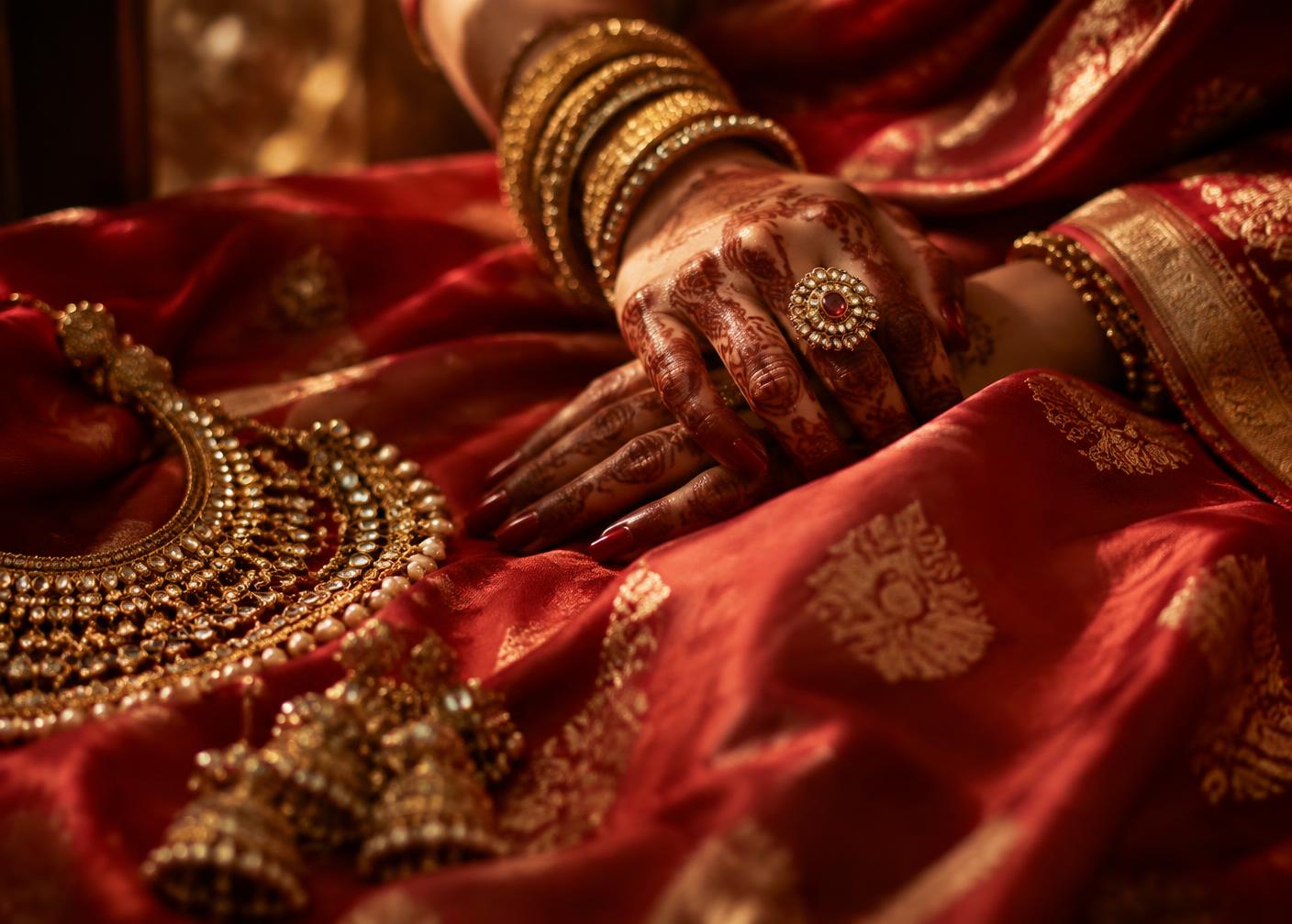 Bridal jewellery and mehendi hands on red silk