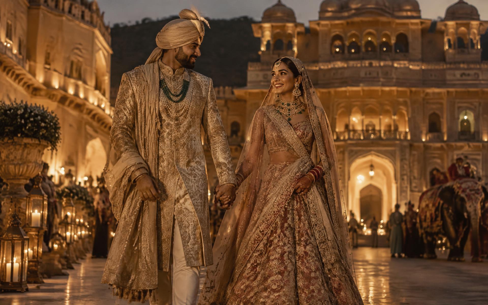 Bride and groom walking through a candlelit palace courtyard in Jaipur